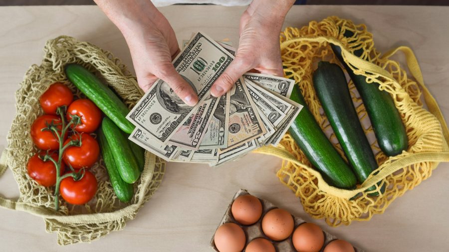 Female hands holding US American cash money with reusable grocery bags with fresh produce on counter