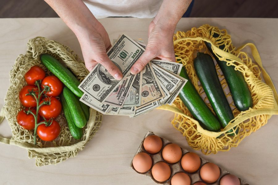 Female hands holding US American cash money with reusable grocery bags with fresh produce on counter