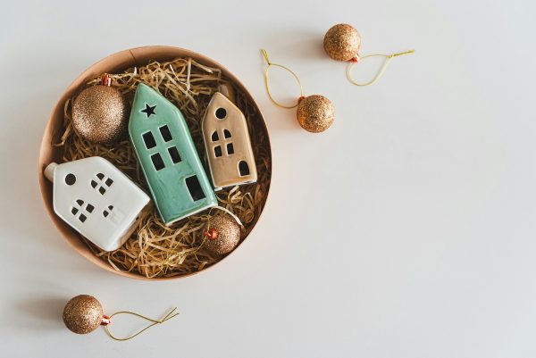 Seasonal gift box with Christmas decor. Flat lay. Top view