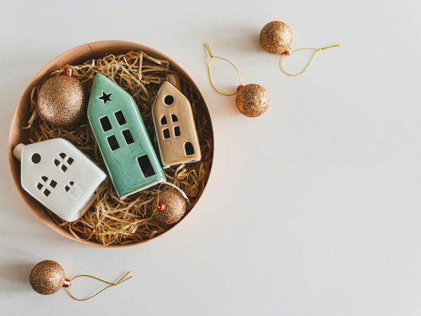 Seasonal gift box with Christmas decor. Flat lay. Top view