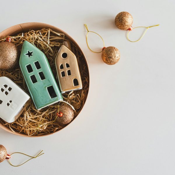 Seasonal gift box with Christmas decor. Flat lay. Top view