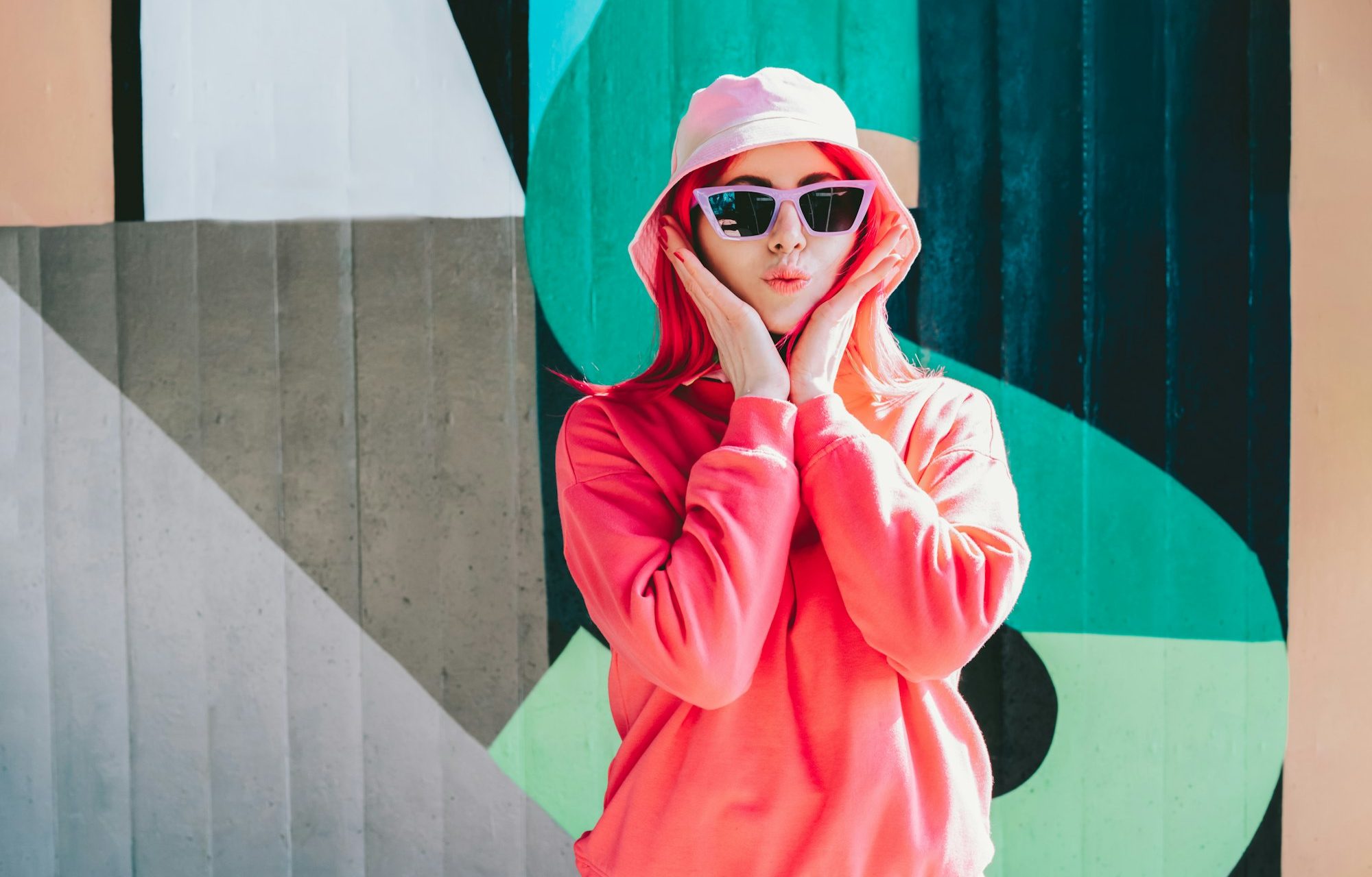 Urban street fashion. Vanilla Girl. Kawaii vibes. Candy colors design. Bucket hat trends.