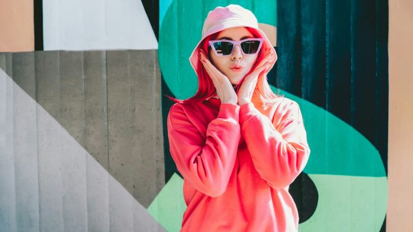 Urban street fashion. Vanilla Girl. Kawaii vibes. Candy colors design. Bucket hat trends.