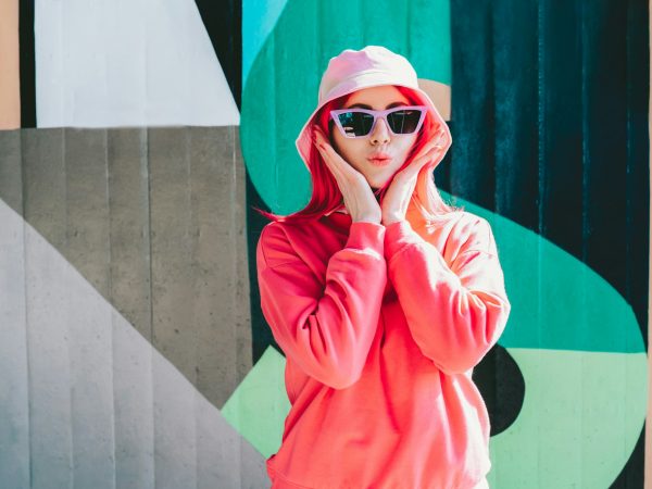 Urban street fashion. Vanilla Girl. Kawaii vibes. Candy colors design. Bucket hat trends.